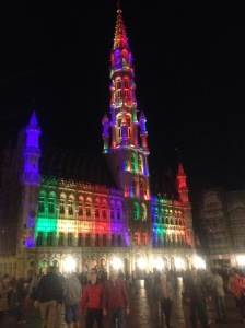 The Grand Place lit up with Gay Pride lights.
